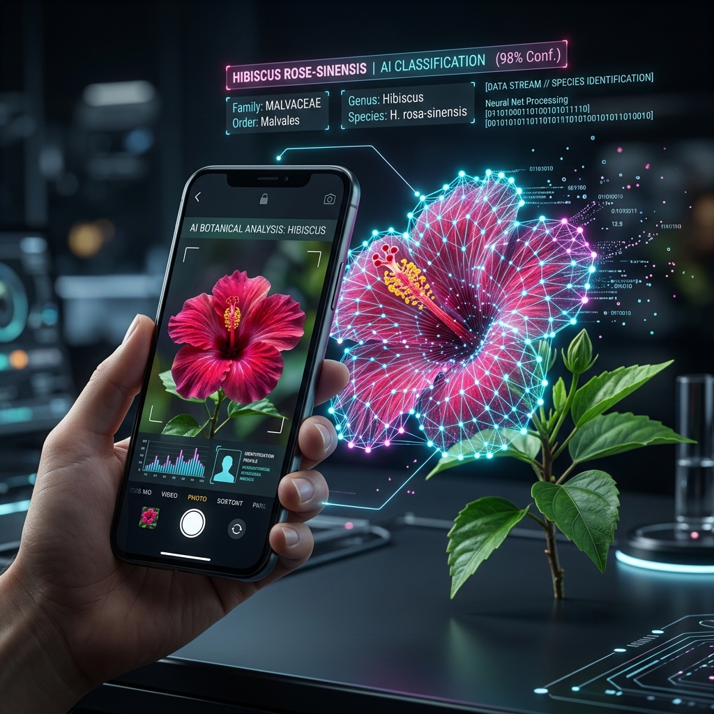 Technical Illustration: AI Identifying Hibiscus