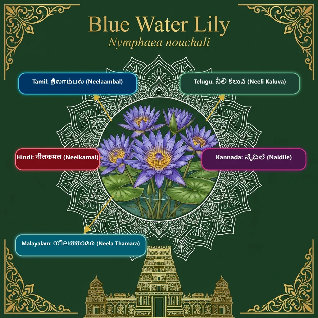 Blue Water Lily — Neelaambal · Neeli Kaluva · Neelkamal · Naidile · Neela Thamara