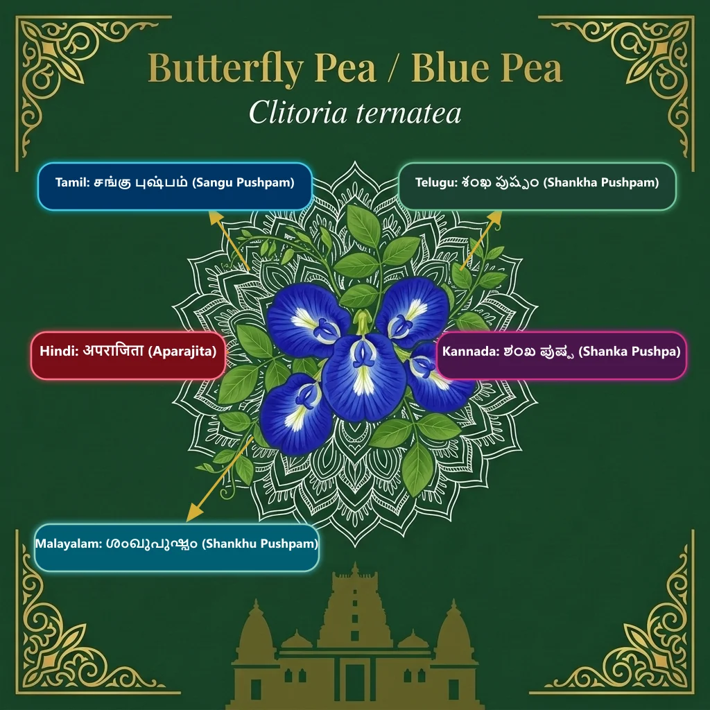 Butterfly Pea — Sangu Pushpam · Shankha Pushpam · Aparajita · Shanka Pushpa · Shankhu Pushpam