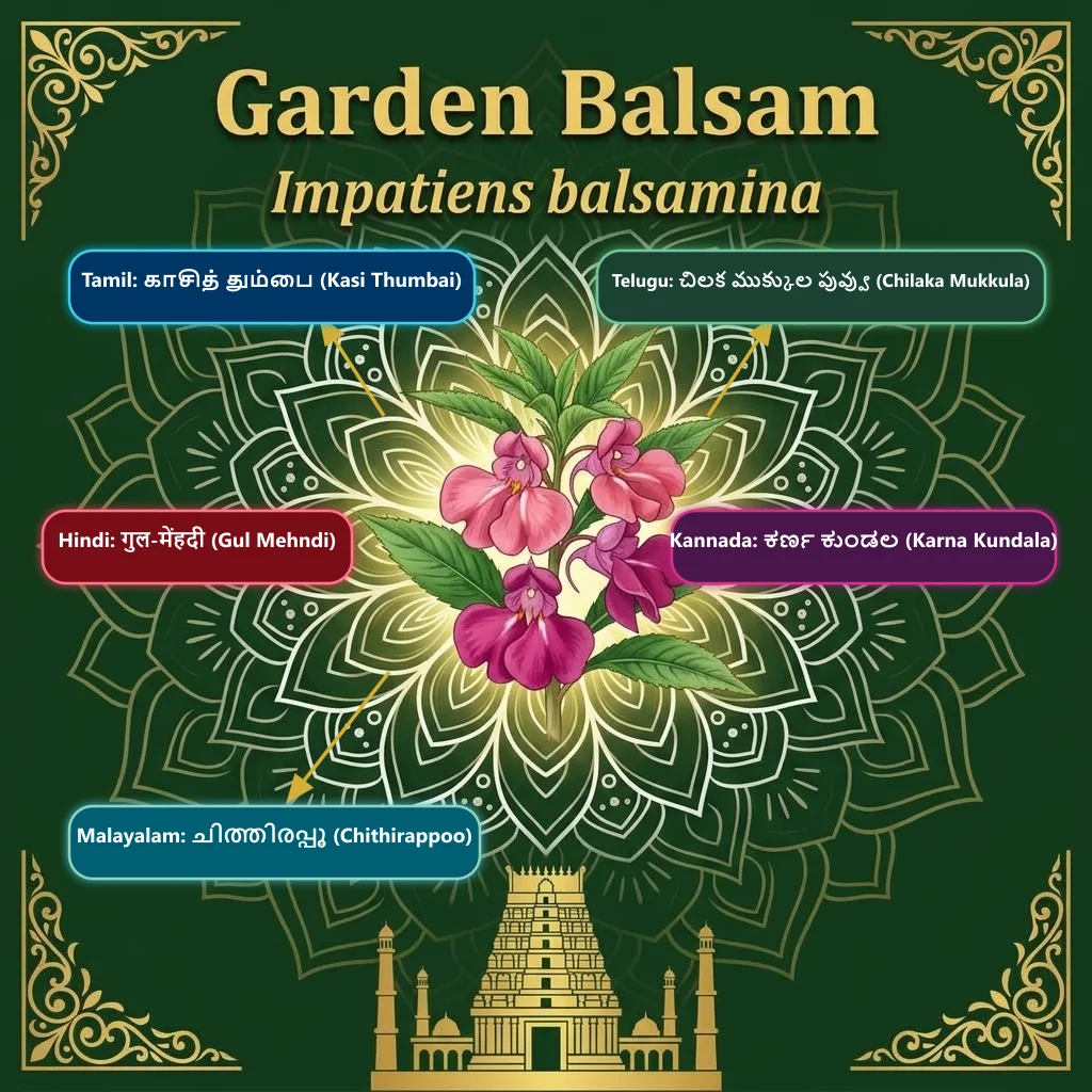 Garden Balsam — Kasi Thumbai · Chilaka Mukkula · Gul Mehndi · Karna Kundala · Chithirappoo