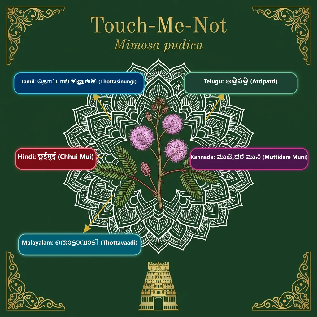 Touch-Me-Not — Thottasinungi · Attipatti · Chhui Mui · Muttidare Muni · Thottavaadi