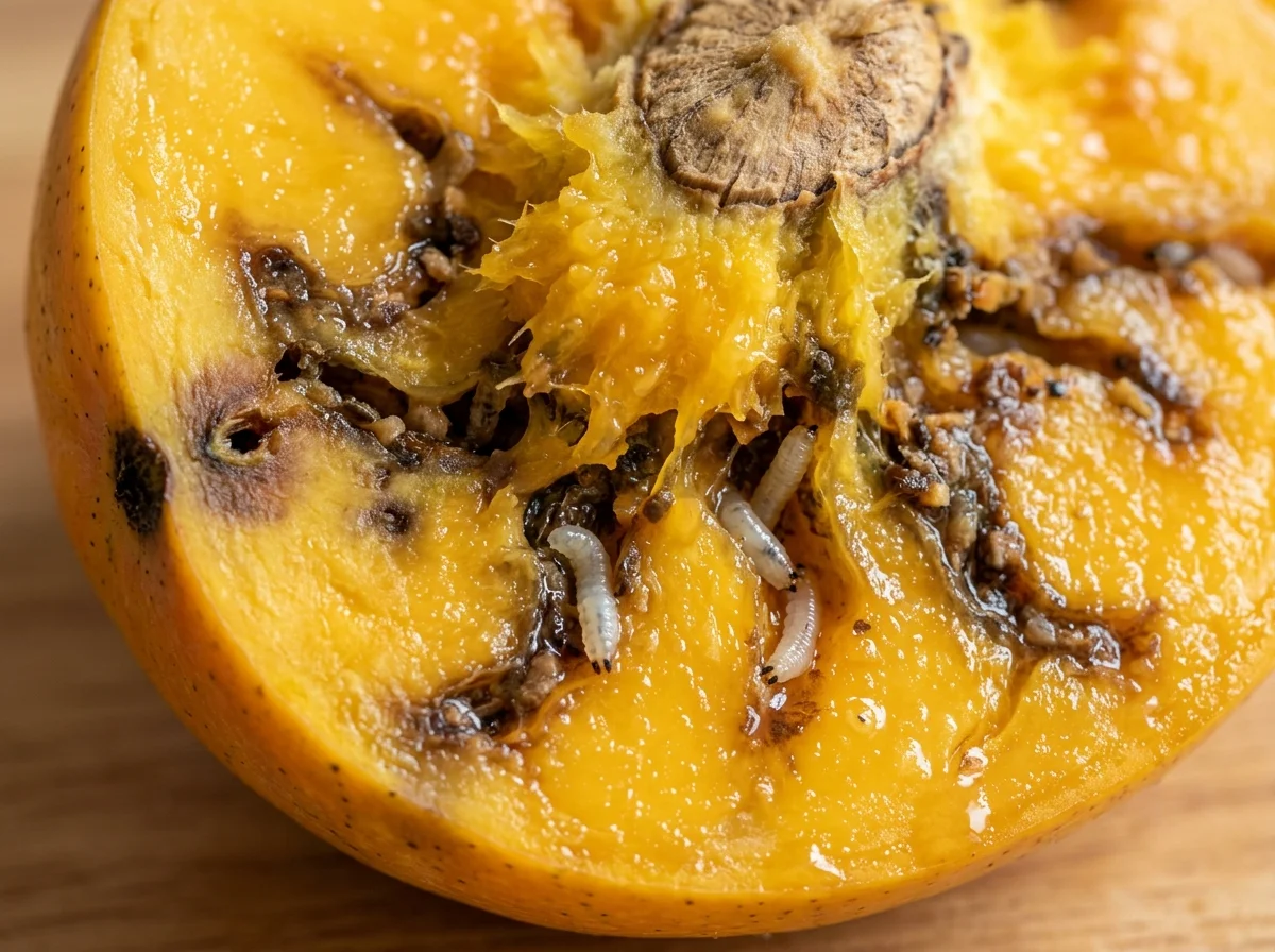 Fruit Fly Damage and Larval Tunnels in Mango Pulp